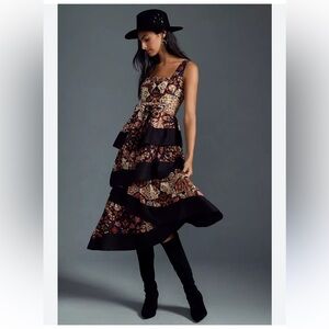 Anthropologie Square-Neck Tiered Midi Dress XS Petite Patchwork Dress Boho